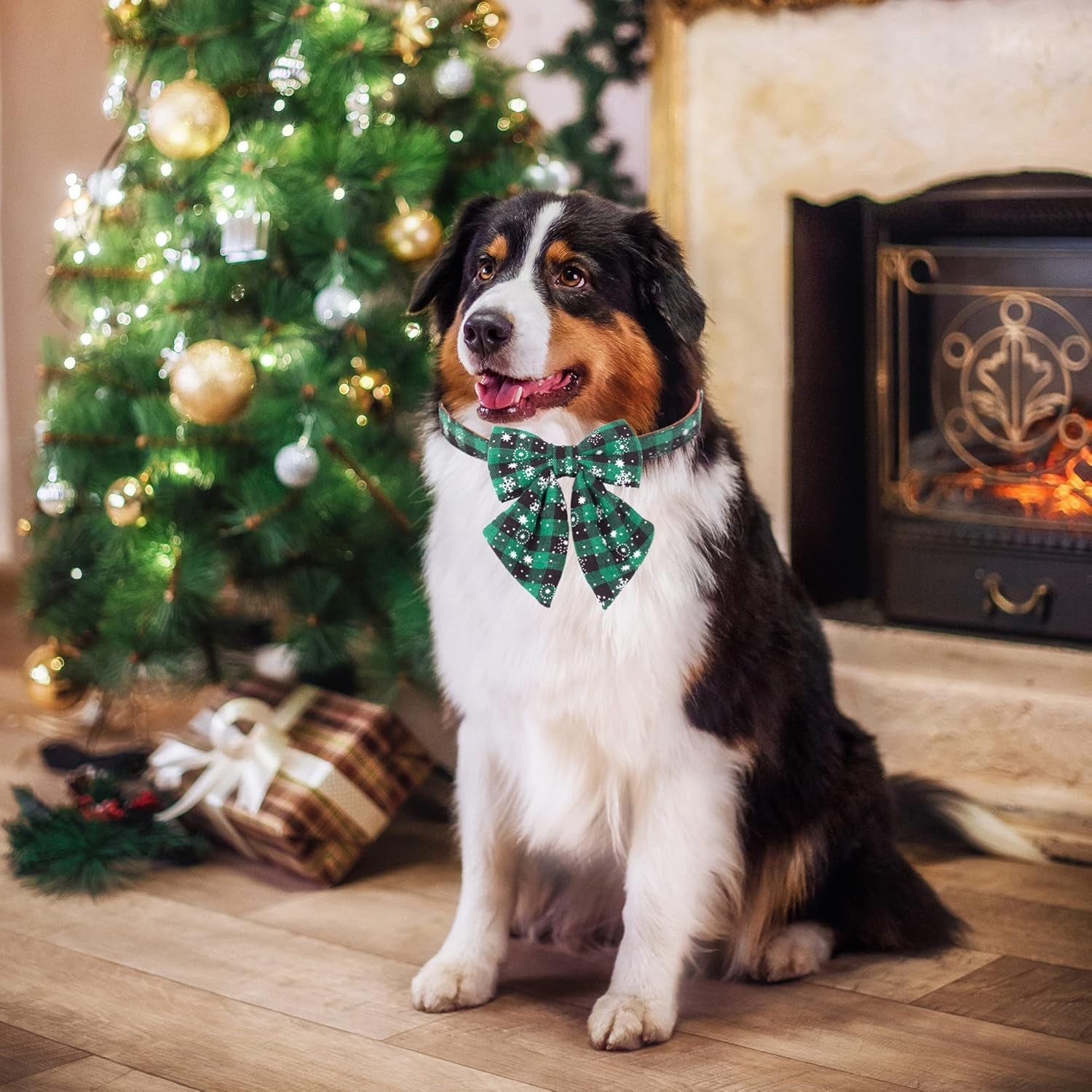 2 Pack Christmas Dog Collar with Bow Tie, Classic Plaid Red Green Dog Collars with Removable Bowtie Christmas Collars for Large Dogs Pets (Large)