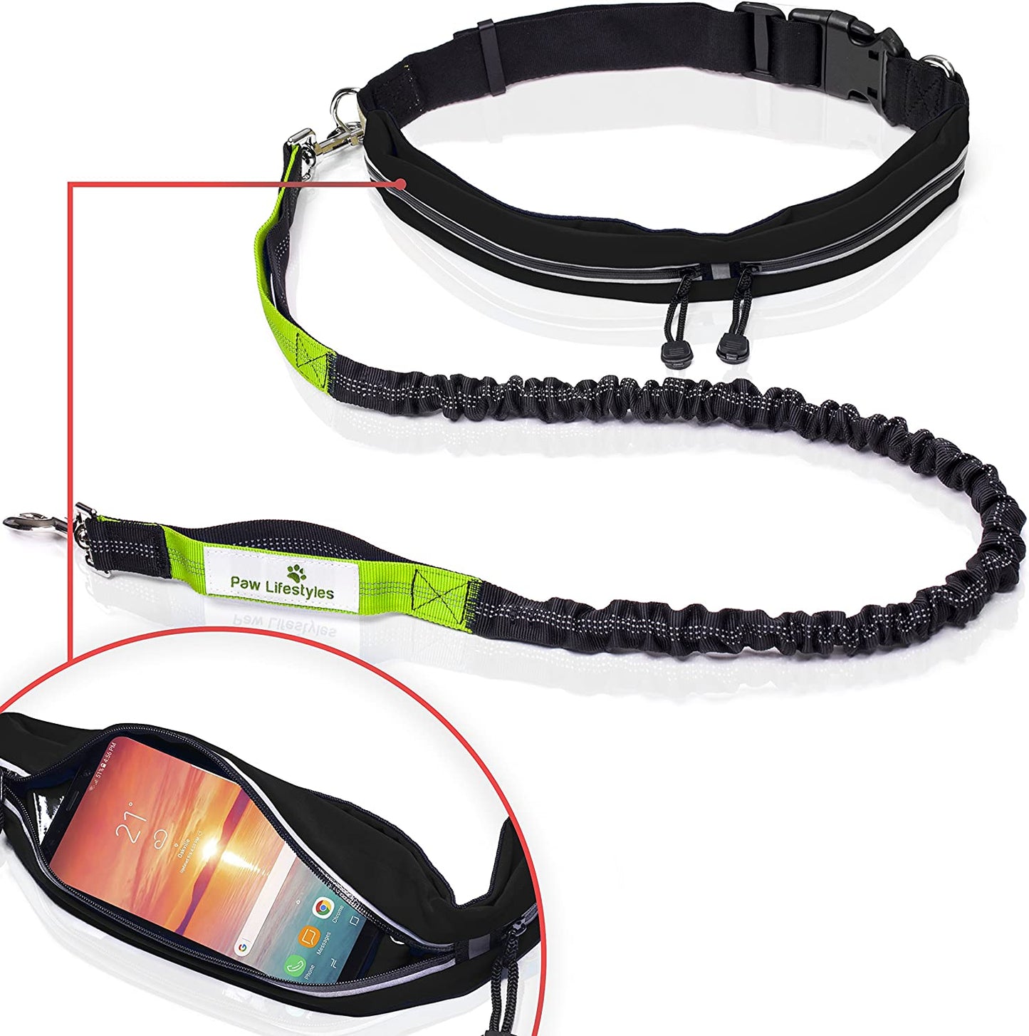 Retractable Hands Free Dog Leash W/Smartphone Pouch – Dual Handle Bungee Waist Leash for up to 150 Lbs Large Dogs