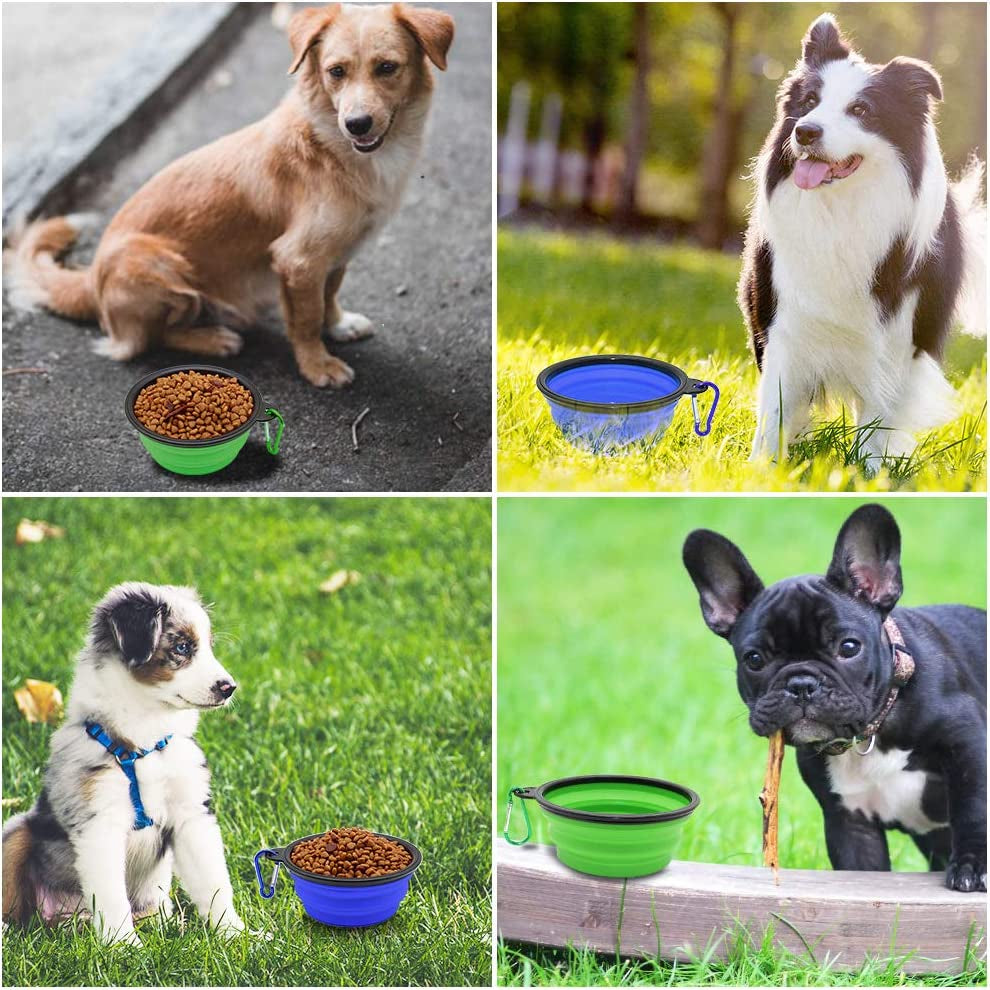 Dog Bowl Pet Collapsible Bowls, 2 Pack for Cats Dogs, Portable Pet Feeding Watering Dish for Walking Parking Traveling with 2 Carabiners (Small, Blue+Green)