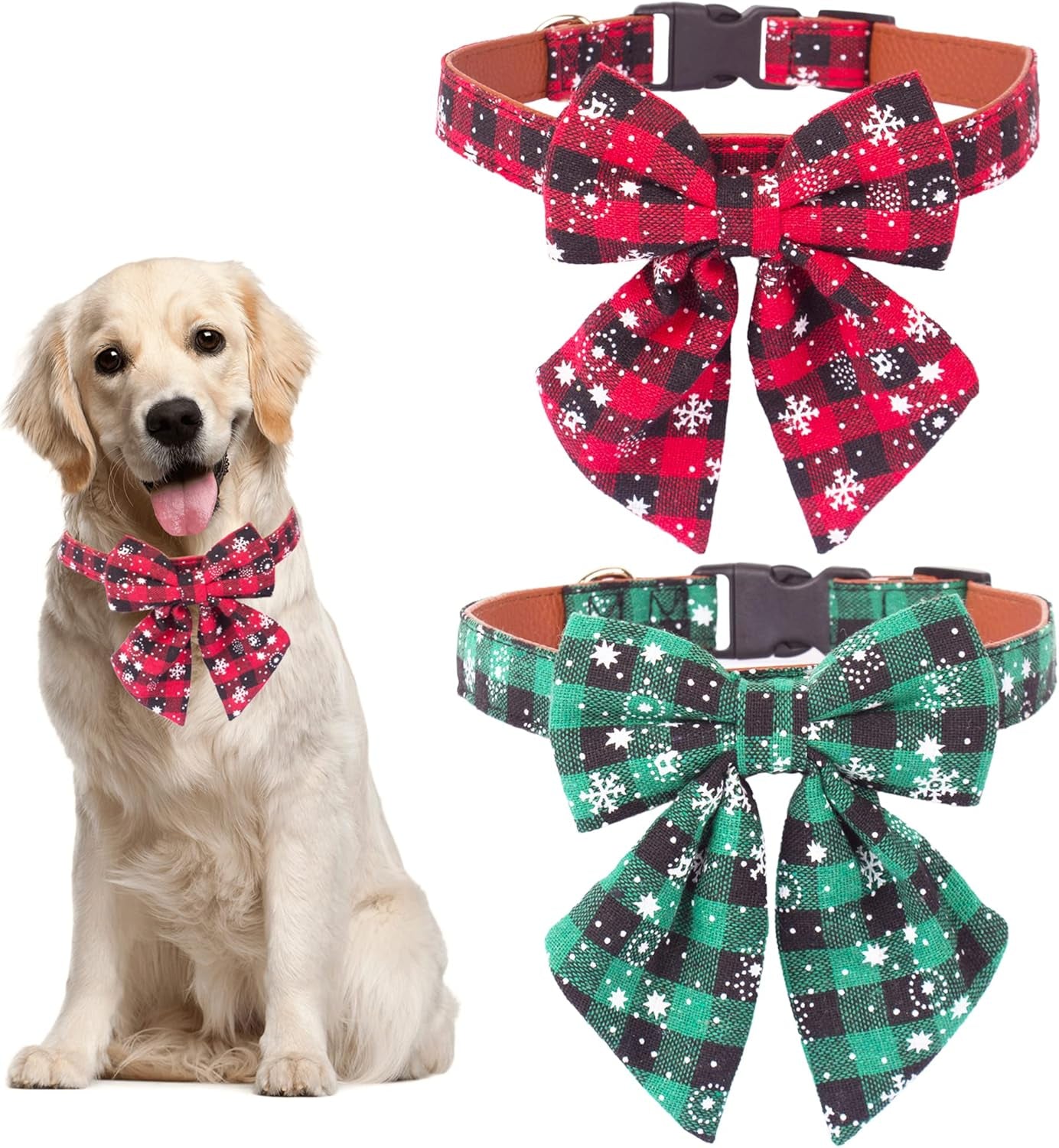 2 Pack Christmas Dog Collar with Bow Tie, Classic Plaid Red Green Dog Collars with Removable Bowtie Christmas Collars for Large Dogs Pets (Large)