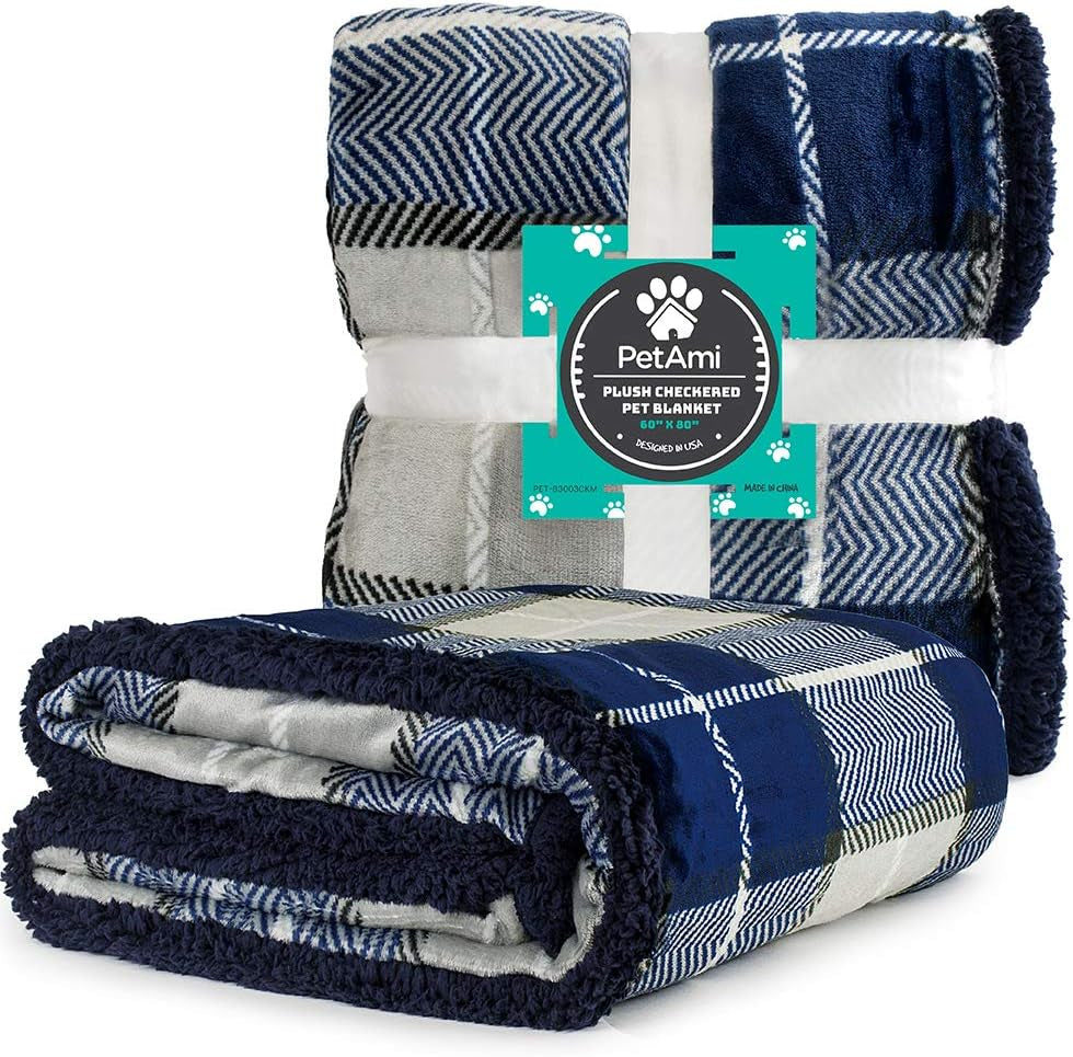 Waterproof Dog Blanket for Small Medium Dog, Pet Puppy Blanket Couch Cover Protection, Sherpa Fleece Cat Blanket Couch Sofa Bed Furniture Protector Reversible Soft Washable 29X40 Plaid Navy