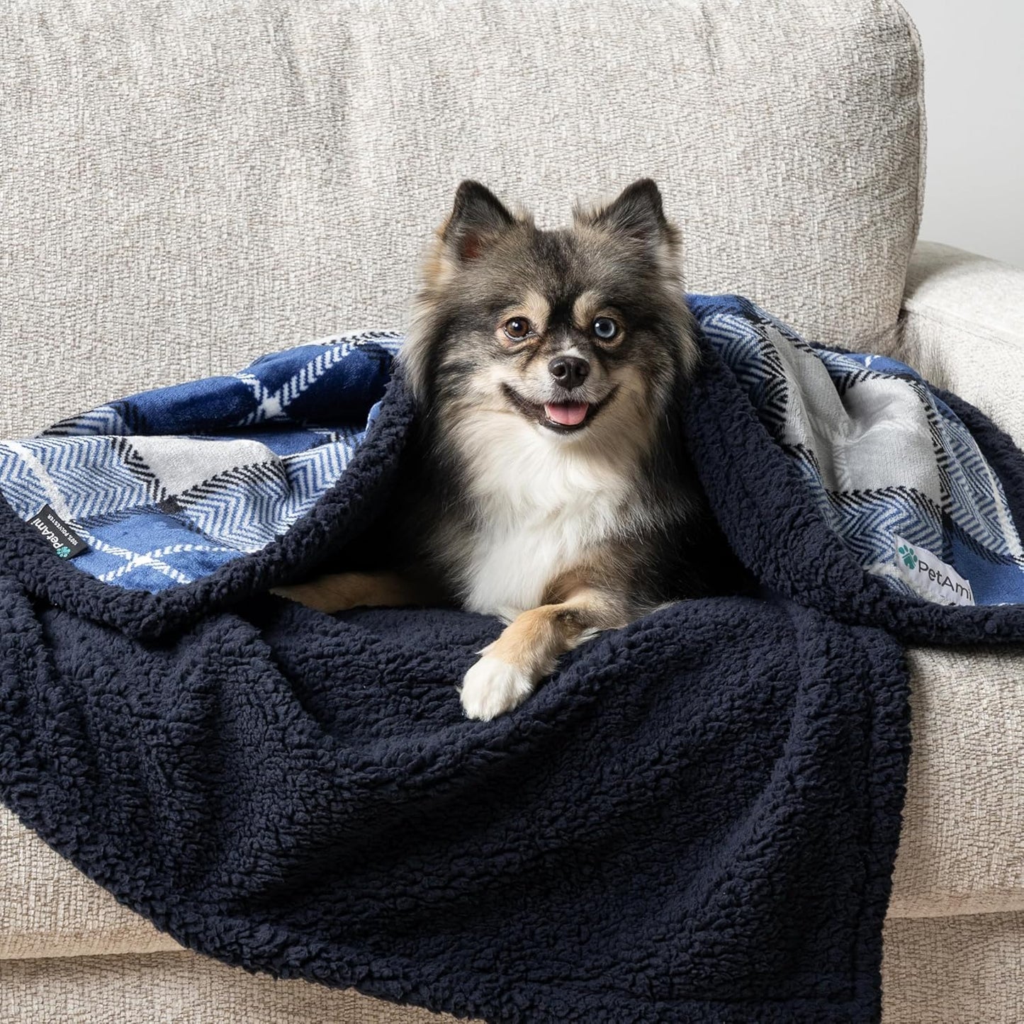 Waterproof Dog Blanket for Small Medium Dog, Pet Puppy Blanket Couch Cover Protection, Sherpa Fleece Cat Blanket Couch Sofa Bed Furniture Protector Reversible Soft Washable 29X40 Plaid Navy